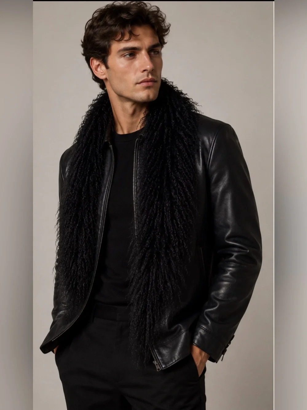 Vintage Adrienne Landau Genuine Black Curly Fur Scarf Wrap Stole Luxury 37” Men